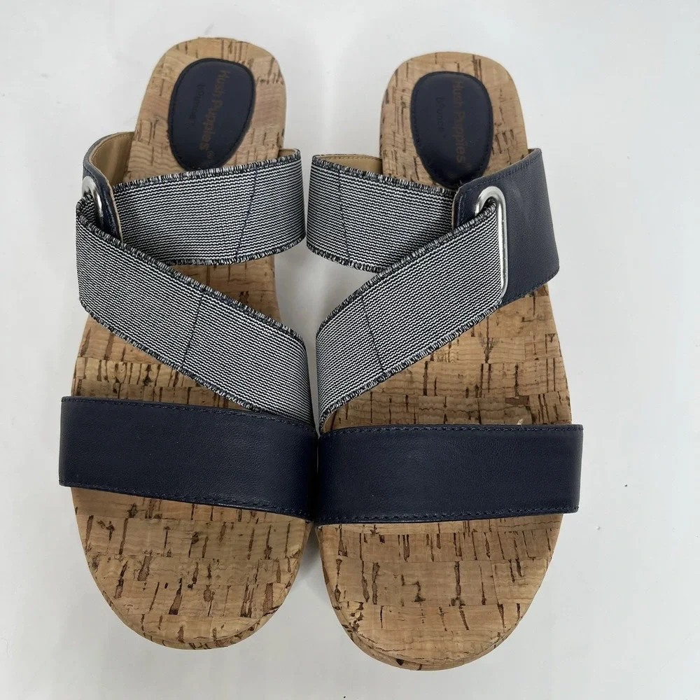 Hush Puppies Bounce Sandals Navy 6.5 M Leather Cork Wedge‎ Heel Stretch Comfort